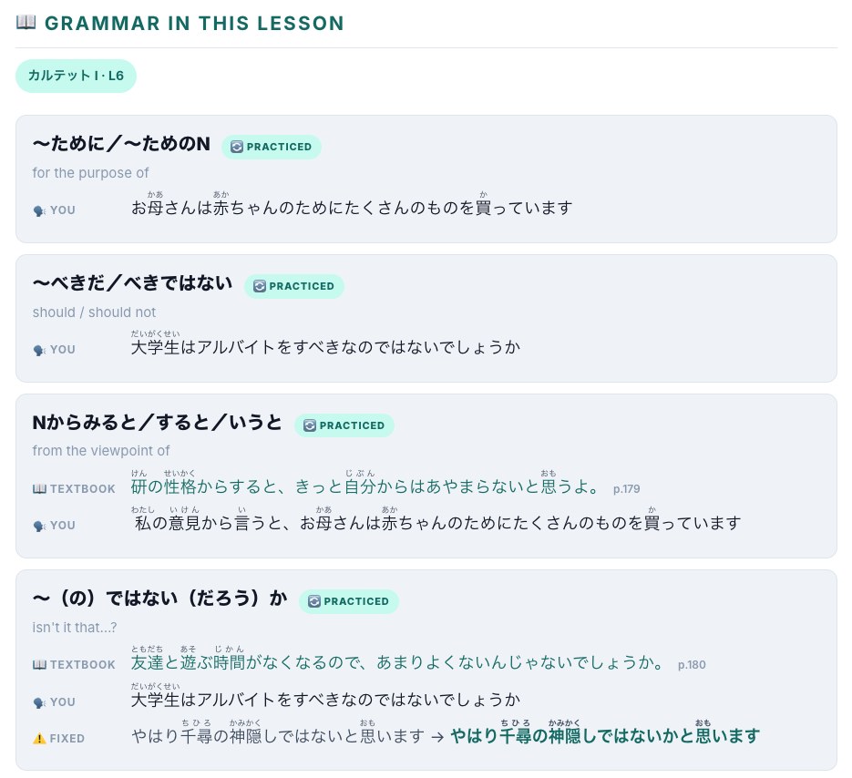 Nihongo Muscle textbook grammar tracking for Genki and Quartet